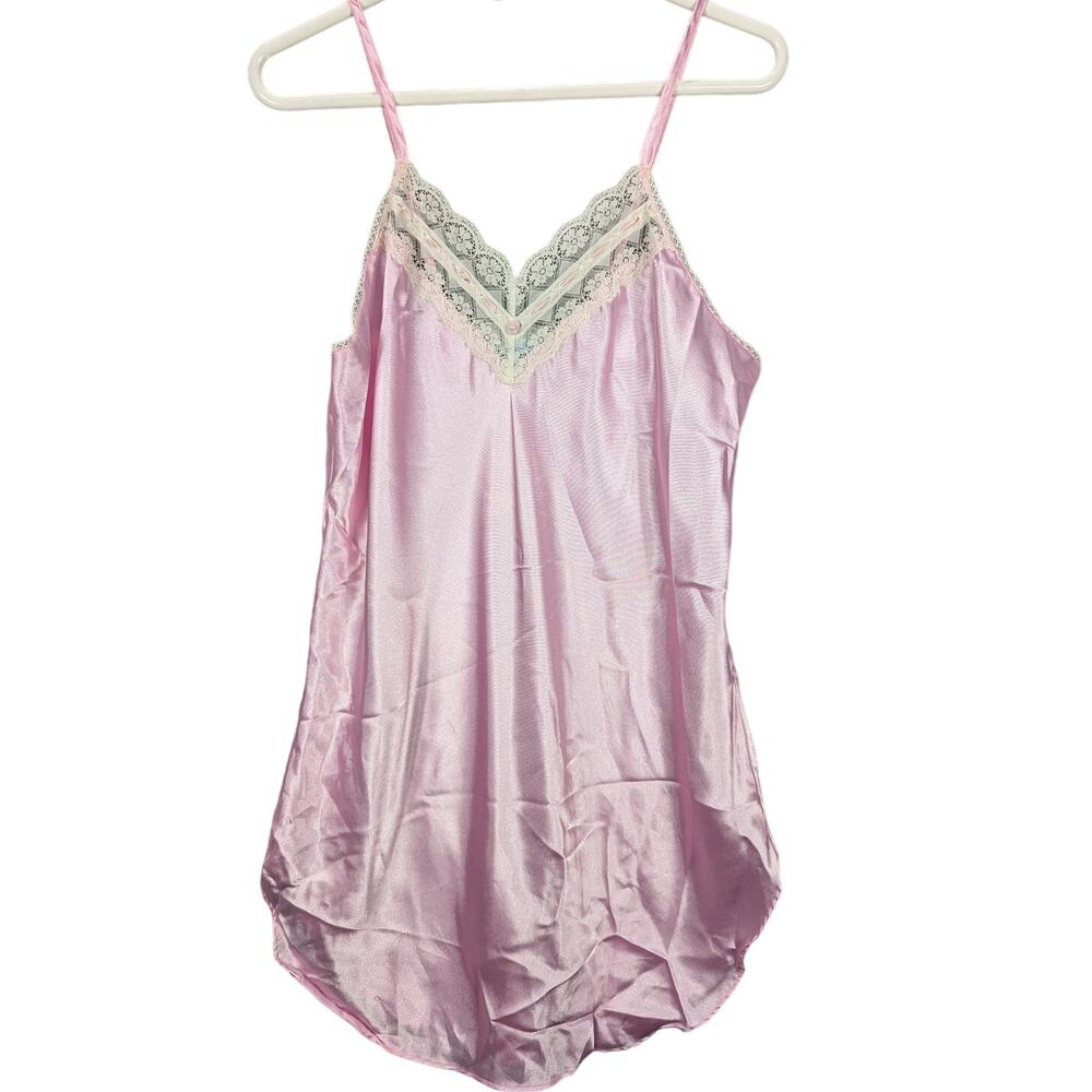 VTG Forever Young Night Gown Womens Large Slip Dress Pink Spaghetti Strap Lace